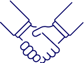 En stiliserad grafisk illustration av ett handslag. Två händer, ritade med enkla linjer, är i färd med att genomföra ett handslag. Det är en vanlig symbol för avtal, överenskommelse, eller partnerskap. Färgsättningen i bilden är enhetlig, med en mörk bakgrund och händerna och linjerna som utgör handslaget i en ljusare blå nyans, vilket ger en kontrast som gör symbolen tydlig och igenkännbar.